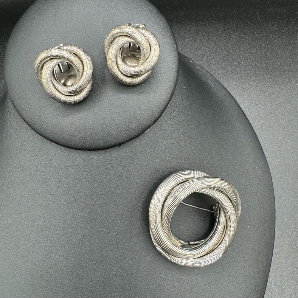 Mid Century Modern Silver Tone Textured Brooch and Clip On Earrings Set
